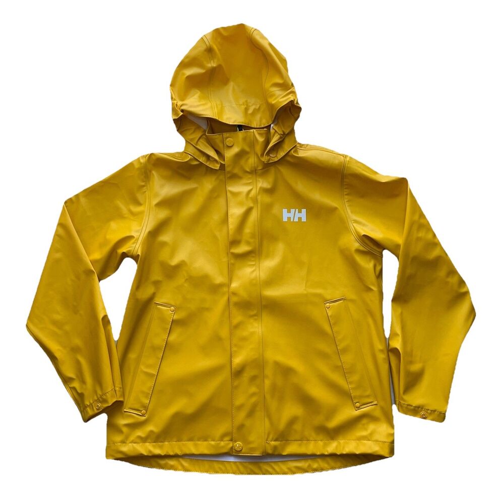 Helly Hansen Junior Moss Hooded Rain Jacket Yellow Waterproof Full Zip Snap 12
